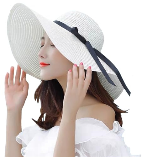TOPWEL Chapeau de Paille à Large Bord pour Femme - de Plage et Soleil Pliable avec Sangle Réglable - Noir