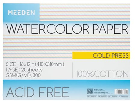 MEEDEN Blocco di carta per acquerelli - 100% cotone Blocco di carta per acquerelli con 20 fogli, 140lb/300gsm, carta da stampa artistica senza acidi per acquerello, gouache, inchiostro e altro, 41 x