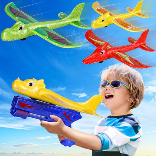 Winstico Boys Toys Age 4 5 6 7 8 Year Old Boy Toys Gifts: Airplane Launcher Toy with 3 Pack Dinosaur Glider Foam Aeroplanes for Kids - Garden Outdoor Toy for 4 5 6 7 8 9 Year Old Boys Birthday Gifts