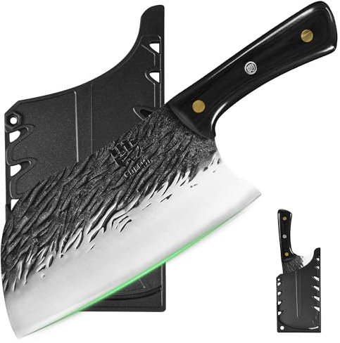 FULLHI Coltello da cuoco manico in legno Tang Butcher Knife con fodero 2pcs, coltello da cucina per esterni, campeggio barbecue (Nero, Coltello da cuoco serbo)