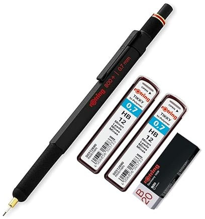 rOtring 800+ Druckbleistift und Touchscreen-Eingabestift | Drehbarer HB 0,7 mm Druckbleistift | 2 x 12 HB 0,7 m Minen | B20 Radiergummi