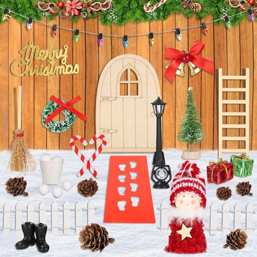 32 PCS Wichteltür Set, Miniatur Wichtel Zubehör Weihnachten, DIY-Dekoration für Wichteltür Komplettset, Wichteltür Zubehör Weihnachtsdeko, Weihnachtswichtel Set mit Stiefel, Zaun, Kranz, Leiter