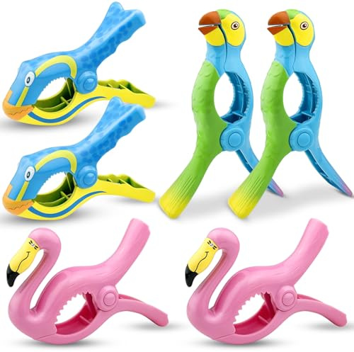 ADNEWX Strandtuch-Clip, Flamingo Papagei Fisch Strandtuchklammern 6 STK | Bunt Handtuchklammern für Strandliegen Badetuch Pool Geländer Wäscheleine