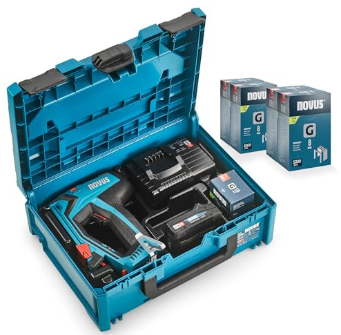 NOVUS TOOLS Agrafeuse sans fil professionnelle J-551 metaBOX Kit avec 25.000 agrafes │ Pour agrafes en fil plat 6-14 mm et clous 16 mm │ Agrafeuse cloueuse compatible avec batterie CAS 18V Li-Ion
