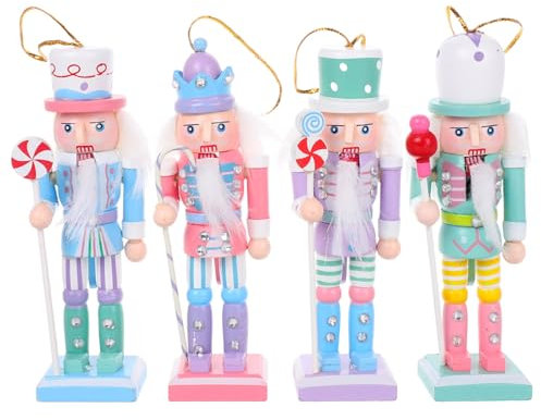 DOITOOL Figuras decorativas colgantes de cascanueces – Adornos de cascanueces de Navidad, paquete de 4 unidades pequeñas de madera cascanueces soldado, decoraciones colgantes para árbol de Navidad
