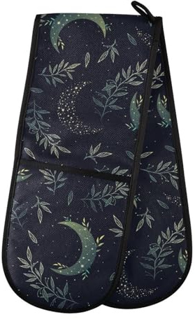 Double Oven Gloves Green Celestial Boho Magic Moon Herbs Heat Resistant Pot Holder Oven Mitt Gloves for BBQ Cooking Baking Grilling Microwave