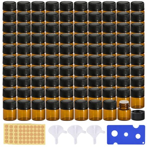 100 Pcs 1ml Mini Bouteilles en Verre D'huile Essentielle D'ambre, Bouteilles en Verre Vides Marron, Mini Bouteilles en Verre, avec 3 Trémies, 1 Ouvre Pièce, 4 Feuille D'Étiquette