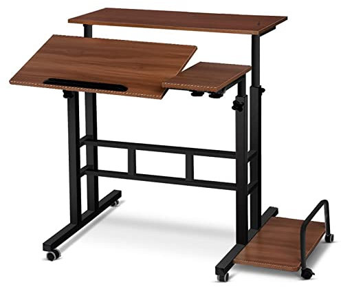 GLMGBP Mobiler Stehpult, höhenverstellbarer Sitz-Steh-Arbeitsplatz mit Computer-Tower-Ständer, tragbarer Laptop-Ständer, Home-Office-Schreibtisch, Teak