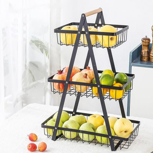 Sonhomay 3 Tier Fruit Basket Countertop Fruit Vegetable Basket Bowl with Wooden Handle Tiered Fruit Bowl Kitchen Organizer for Bread Vegetable Fruits Snack Produce Onion Potato