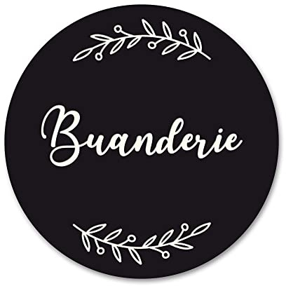 Plaque de Porte Buanderie Autocollante PVC Gravé Noir Blanc Ronde. Décoration de Porte personnalisée,