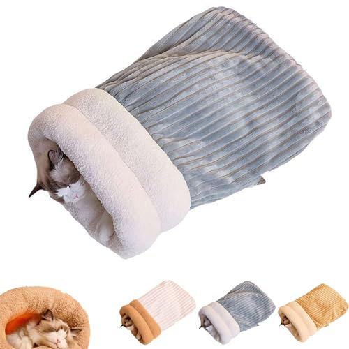 Selbstwärmendes Katzenbett, Katzen-Winterschlafsack, Katzenschlafsack für Indoor-Katzen, Katzenbett, Höhlenschlafsack, gemütlicher, weicher Plüsch, großer Katzensack, Wärmekissen für Katzen und kleine