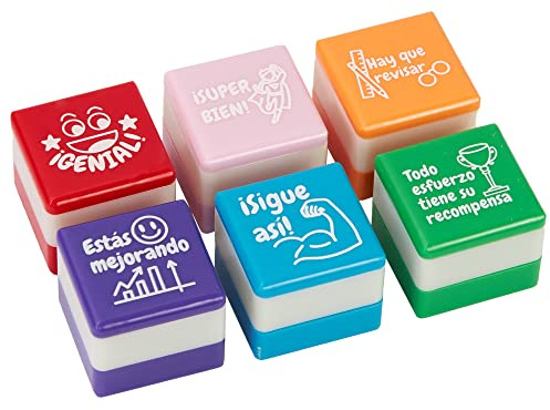 Set de 6 Sellos Cuadrado Motivacionales para Regalo Profesores y Niños, Infantiles, Colores Variados, Seguros y Duraderos, 25mm x 15mm, para Estimulación y Diversión en el Aprendizaje. (6, Español)