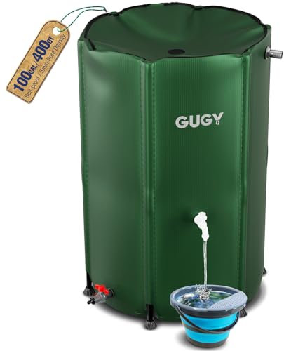 GUGY Rain Water Collection Barrel - 100 Gallon Water Storage Tank with Spigots, Portable Rain Catcher to Collect Rainwater from Gutter, Large Plastic Rain Catchment System with Collapsible Bucket
