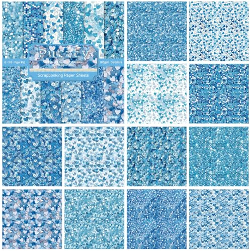 ZAKHSE Motivpapier Valentinstag, 24 Blatt Blau Liebe Herz Glitzer Designpapier 15,2×15,2cm, Einseitig Bedruckt Gemustert Scrapbook Papier, 12 Muster, 160gsm Säurefrei Bastelpapier für DIY Sammelalbum