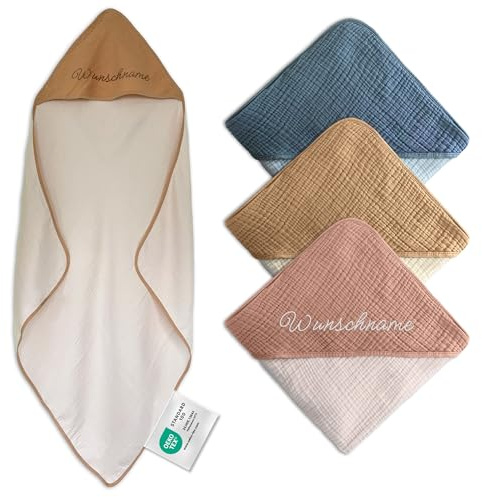 my STITCHERY Kapuzenhandtuch Kinder mit Namen Bestickt, Oeko-TEX® Standard 100 - Personalisiertes Badetuch mit Kapuze aus weichem Musselin mit gesticktem Namen (Braun, 100 x 100 cm)