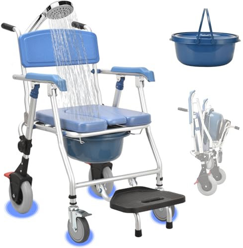 Aocay Silla Ducha WC con Ruedas, 3 en 1 Silla Ruedas Ducha Inodoro Estrecha, Azul Sillas Baño Ancianos Ducha con Ruedas Asiento Blando 150 KG para Personas Mayores y Minusvalidos