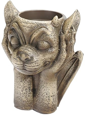 Gothic Gargoyle Planter Flower Pots, Decorative Demon Head Design, Antique Grey Stone Finish (No listening)