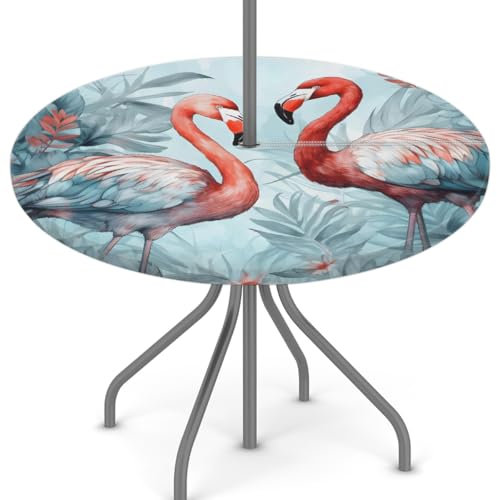 Woltant Nappe ronde avec trou de parasol et fermeture éclair facile à nettoyer avec bords élastiques - Protection de table d'extérieur pour jardin, terrasse, barbecue (feuilles roses et bleues)