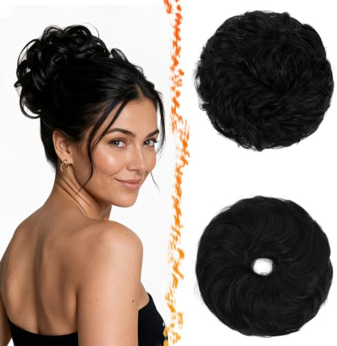 BARSDAR 2 Stücke Messy Bun Haarteil Mit Gummiband, Haar Dutt Haargummi Extensions für Damen Synthetisch Haaren Hochsteckfrisuren Dickes Haardutt Haarverlängerung Haarteile Tägliche - Jet Schwarz | Haarknoten-Haarteile für Damen, elastisch, gewellt, Hochsteckfrisuren, dick, weich, synthetisch, flauschig