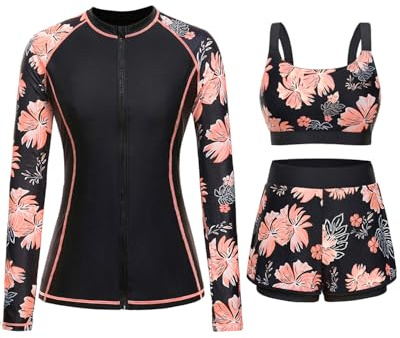 Black Floral 3 Piece Rash Guard for Women - Long Sleeve Swimsuits with Shorts SPF Zip up Swim Shirt with Built in Bra L
