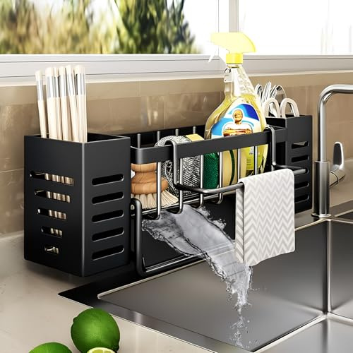 Spülbecken Organizer,Dancepandas Edelstahl Küchen Organizer mit Selbstentleerender Ablaufwanne,Ohne Bohrenmit 2 Korb HäNgend SpüLmittel und Halterung Lappen Holder(Schwarz)