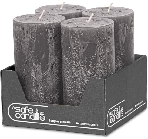 DecoLite Stumpenkerzen Rustik 14 x 7 cm, 69h, 4er Set, Anthrazit | Made in Germany, RAL-geprüft, selbstverlöschend, durchgefärbt, ruß- & tropffrei, Kerzen für Advent, Hochzeit & Gastronomie