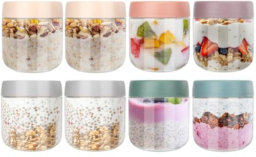 Otauoaea Juego de 8 Overnight Oats Jar 300ml - Tarros de Cristal con Tapa Hermética - Tarros Avena Nocturna - Frascos de Vidrio con Tapa - Bote Cristal Hermetico para Yogur, Mermelada, Cereales