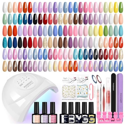 Phoenixy 45 Colori Kit Semipermanente Unghie con 48W Lampada U V/LED 50Pz Kit Unghie Gel Completo con Base e Top Coat Kit per Manicure da Salone e da Casa Regalo Ideale