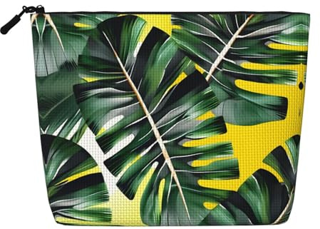 Tropical Banana Palm Leaves Print Fake Hemp Makeup Bag,Makeup Bag,Travel Bag Pouch,Toiletry Bag with Zipper