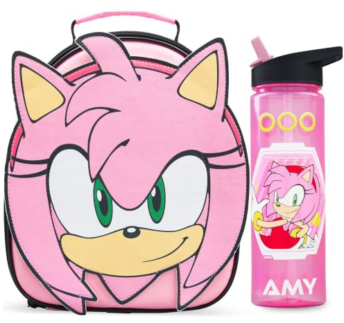 Get Trend Sonic the Hedgehog 3D Sac Isotherme Repas et Gourde Enfant Set, Lunch Bag Isotherme avec Fermeture Éclair et Sans BPA Gourde (Rose/Noir Amy Rose)
