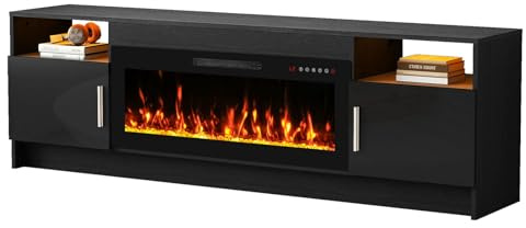 Quiniver 36 Electric Fireplace TV Stand 2 in 1 Entertainment Centre Black | Two heating modes, custom flame visuals, timer function, quiet operation, overheat safeguard, LED, ample storage space