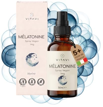 Vitavi Spray Mélatonine 1 mg - 50 ml, avec Valériane & B6 | 1 mg de mélatonine par dose, réduit le temps d'endormissement. Avec valériane, mélisse et B6. Végane, eucalyptus.