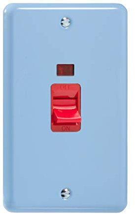 Varilight 45A Cooker Switch + Neon (Vertical Twin Plate, Red Rocker) Duck Egg Blue