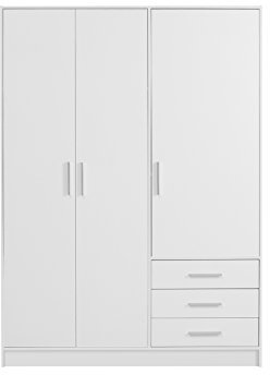 FORTE Jupiter Schrank 140 150, weißer Kleiderschrank, Drehtürenschrank, 3-türig, mit 3 Schubladen und Einlegeböden, Weiß matt, 145 cm breit x 60 cm tief x 200 cm hoch