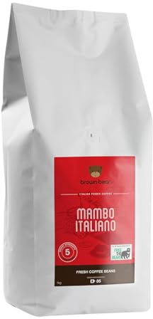 Brown Bear Mambo Italiano. Café en grano de tostado oscuro para espresso. Grano 100% arábica. Perfecto para latte, cappuccino o espresso con gran cuerpo e intensidad 5. 1 kg