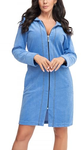 Aquarti Damen Bademantel Morgenmantel mit Reißverschluss Streifen Kurz Baumwolle, Farbe: Streifenmuster Türkis, Größe: XL