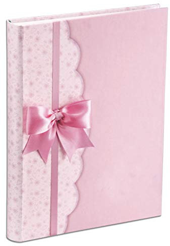 Album Fotografico Nacita con Diario 23X30 Cm 56 Pagine Bianche e 4 Pagine Diario Personalizzabili Pagine in Cartoncino Spesso e Resistente Intervallate da Pergamino, applicazione fiocco rosa