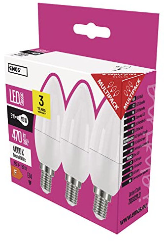 EMOS LED-Lampe Kerze 6W, Ersatz für 40W Glühbirne, E14 Sockel, Helligkeit 470 lm, Neutralweiß 4100K, 30000 Stunden Leuchtdauer, CRI min. 80, 250° Abstrahlwinkel, ZQ3221.3