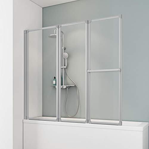 Schulte D1410 01 50 Duschwand Komfort, 151 x 140 cm, 3-teilig faltbar mit Handtuchhalter, ESG Sicherheitsglas klar hell, alunatur, Duschabtrennung für Badewanne