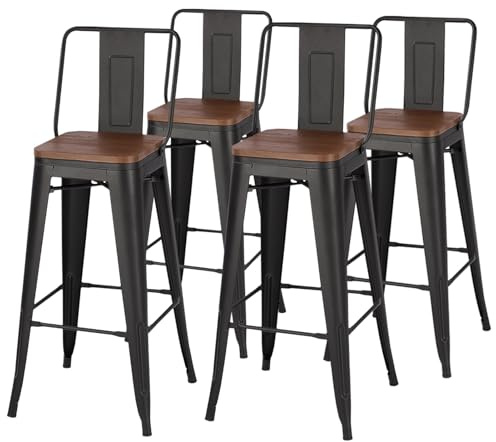 Warmiehomy Black Metal Bar Stools Set of 4 Industrial Vintage Barstools with Back Tall High Kitchen Breakfast Bar Chairs Stools for Kitchen Island Counter Coffee Pub Shop Bistro