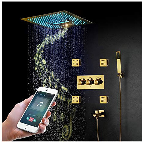 Shower Set Système de Douche 64 Couleurs LED Titane Or Ensemble de Douche La Musique Colonne de Douche avec 16 Pouces Tête de Douche, Douchette à Mains, Buse de Massage,Touchpad