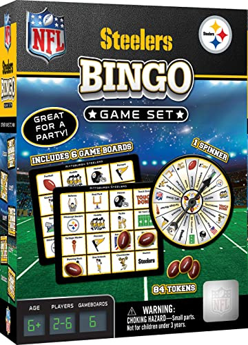 MasterPieces - NFL Bingo, Officially Licensed Pittsburgh Steelers Football Game, Set Includes Spinner, 84 Custom Chips, 6 Bingo Cards, Family & Party Fun for 2-6 Players