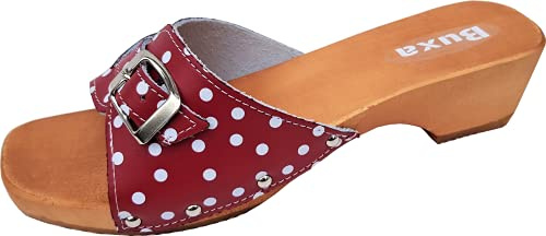 Generisch Holz Clogs - Pantolette Gr.35-36-37-38-39-40-41-42, ROT *Roter Fliegenpilz* Echt Leder, Schnalle, Schuhweite NORMAL