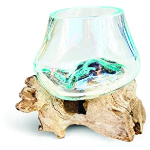 MAISONICA Molten Glass Round Bowl on Rustic Drift Wood Root Base Stand Home Decoration Gift
