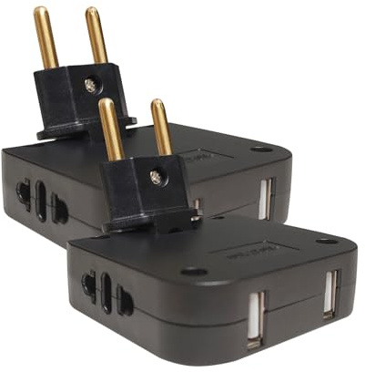 LED ATOMANT Pack 2X Ladrón Enchufe Ultra Plano, 4 en 1: 2X Puertos USB y 2X enchufes (Adaptador Europeo y Americano), Cabezal Giratorio 180 Grados