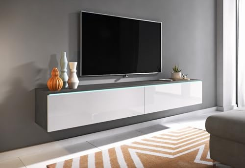 MINIO go for it - TV Schrank Donna Breite 180 cm Lowboard ohne LED | Stehend oder Hängend, Fernsehschrank für das Wohnzimmer, Moderner Stil, Matera / Weiss Hochglanz