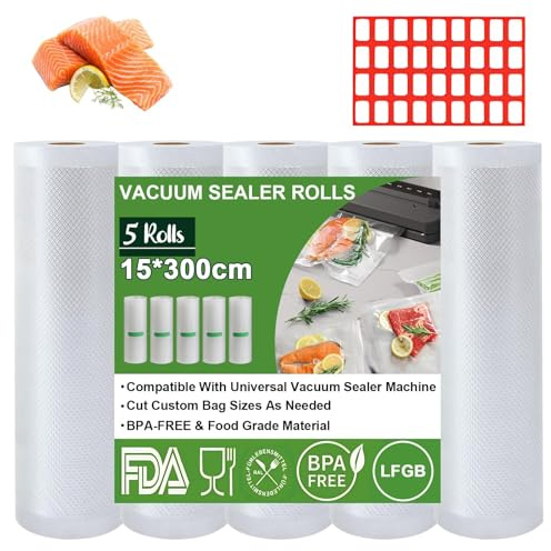 Omtofo Bolsas de envasado al vacío, 5 Rollos, 15 x 300cm/rollo, Bolsas de vacío para Alimentos, sin BPA, 190 µm, Rollo de lámina de vacío para Todas Las envasadoras al vacío, microondas y Sous