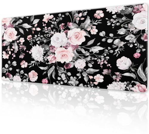 Pink White Rose Floral Gaming Mouse Pad Desk Mat XL 31.5×11.8 in Spring Cute Flower Black Extended Mousepad 30X80cm with Non-Slip Rubber Base Stitched Edge Large Desk Pad for Women Gamer Office Home