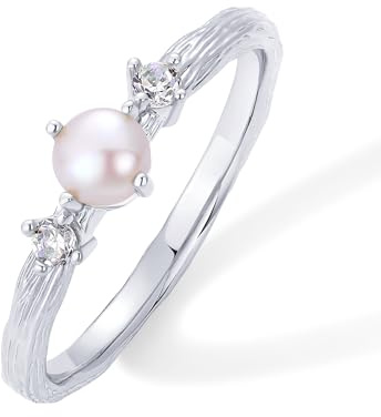 PAVOI Rhodium Plated Pearl Hammered Ring for Women | Dainty Elegant Stackable Cubic Zirconia Thin Band for Women | Size 6