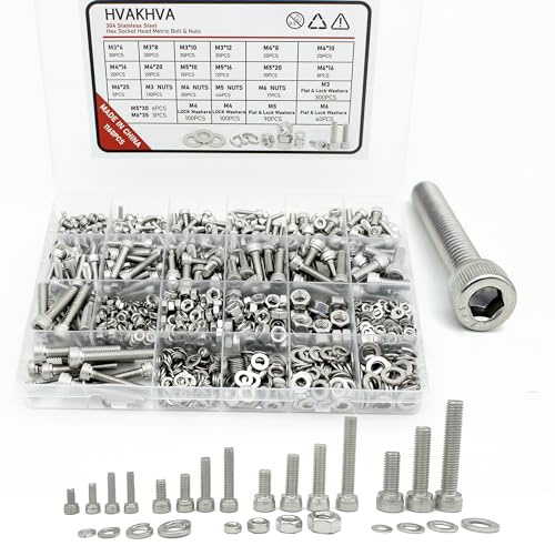 1160-teiliges Sortiment M3/M4/M5/M6 Sechskant-Innensechskantschrauben und Muttern, 304 Edelstahl Maschinenschrauben mit Unterlegscheiben und Federringen, Länge 6 bis 35 mm
